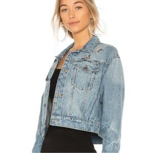 Joie Redmondia Cropped Denim Jean Jacket Rhinestone Pins Moon Star Bumblebee M
